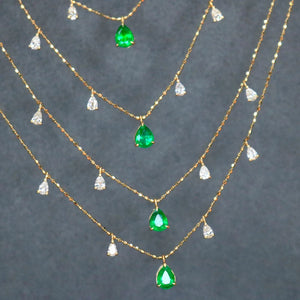 18K Yellow Gold Real Natural Emerald and Diamond Gemstone Necklace for Women