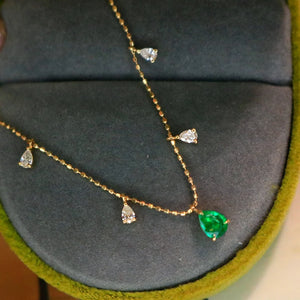 18K Yellow Gold Real Natural Emerald and Diamond Gemstone Necklace for Women