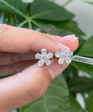 *Premade* 2 cttw Lab Diamonds Pear with Fancy Pink Round in center Flower Earrings