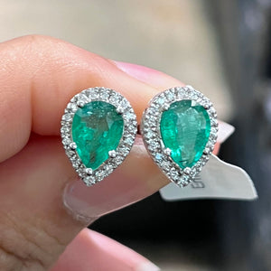 Pear Shaped Emerald & Diamond Halo Earrings