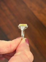 White gold radiant yellow lab diamond and baguette and round lab diamond ring