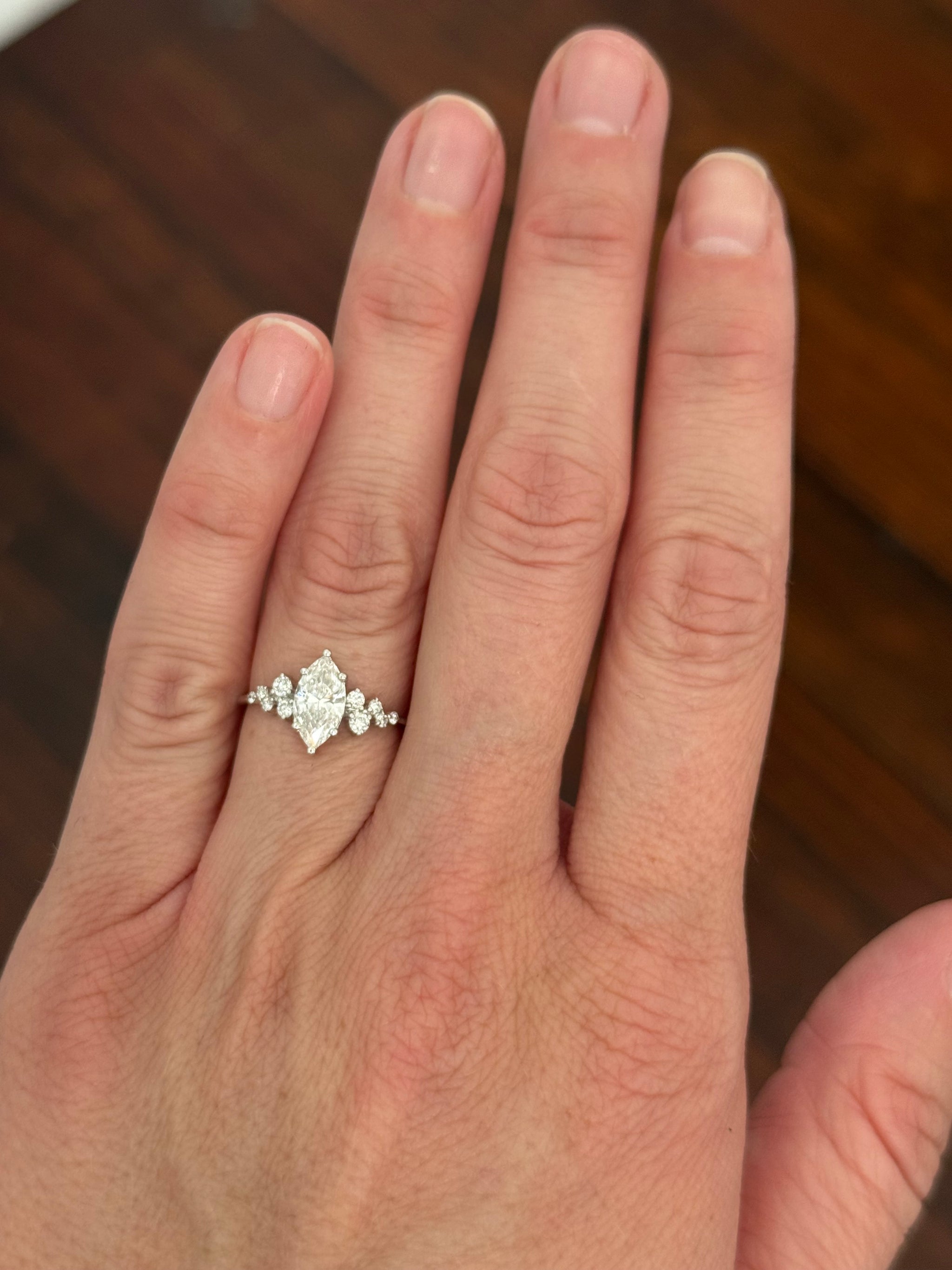 White gold marquise and round lab diamond ring
