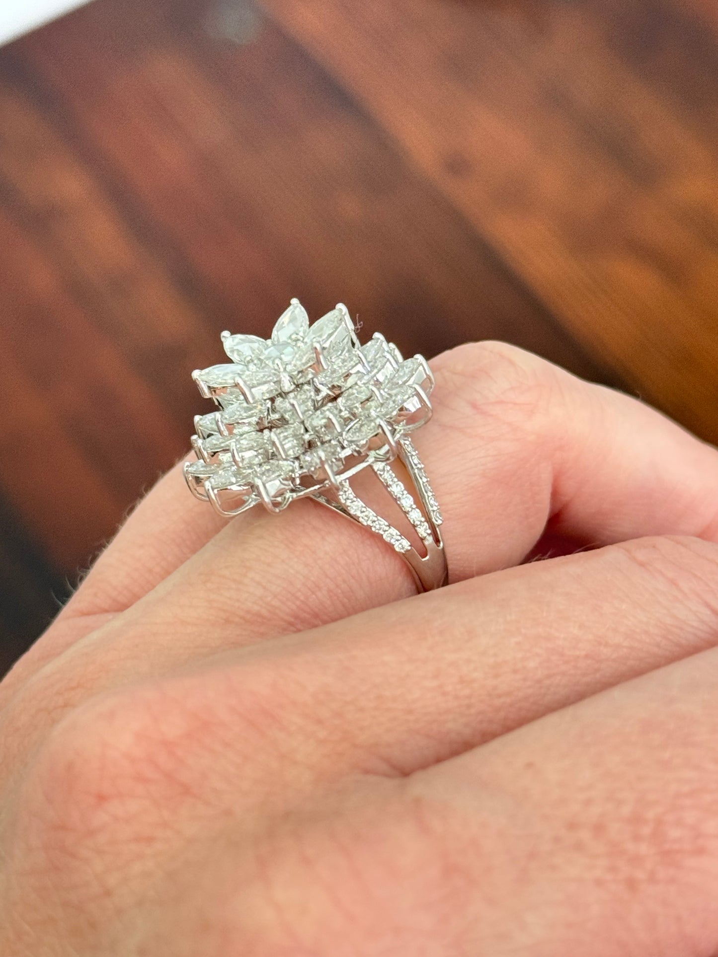White gold flower ring with rose cut lab diamonds
