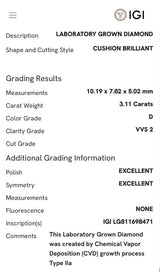 Yellow gold IGI certified 3.11ct antique cushion cut lab diamond ring