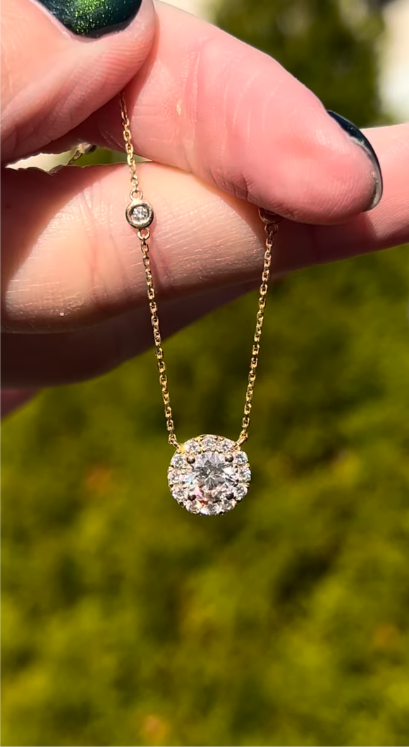 Yellow gold round lab diamond necklace with 4 bezel set lab diamonds on either side of chain