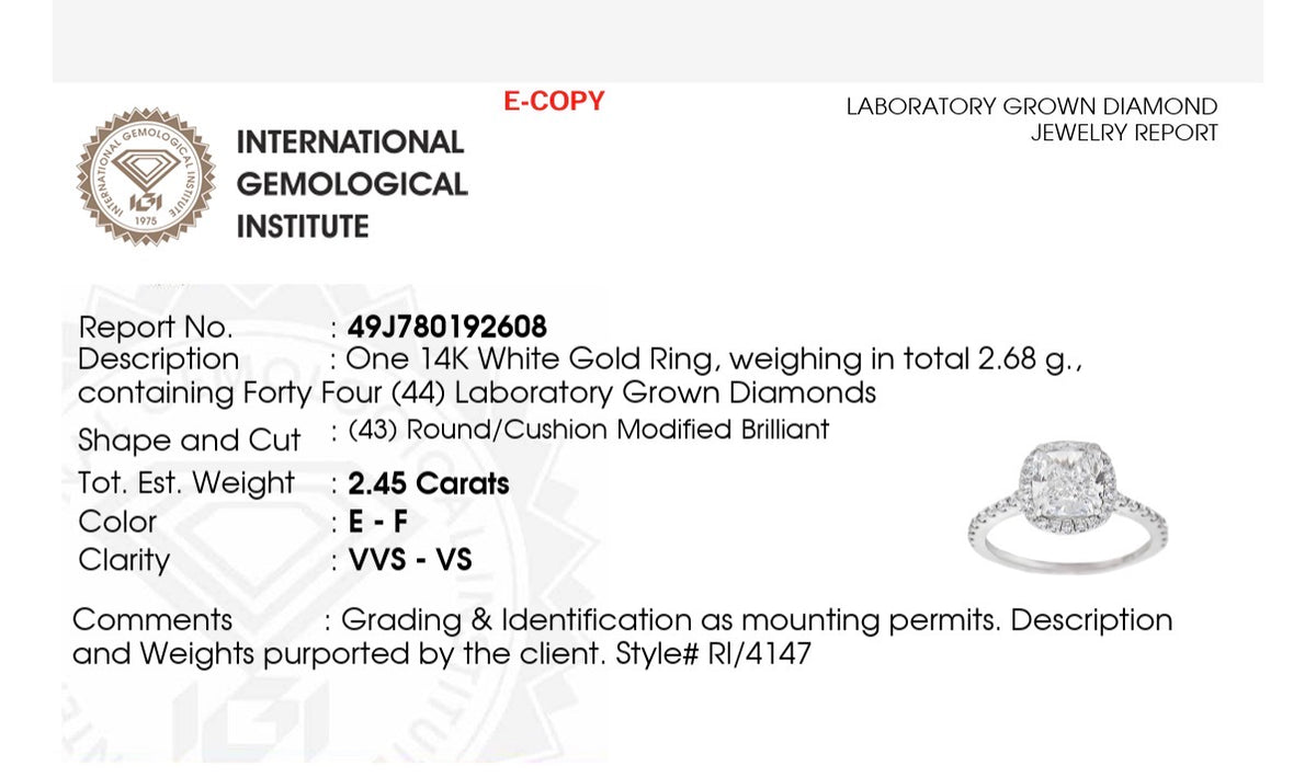 IGI certified cushion cut lab diamond ring. Center stone is 2.09cts