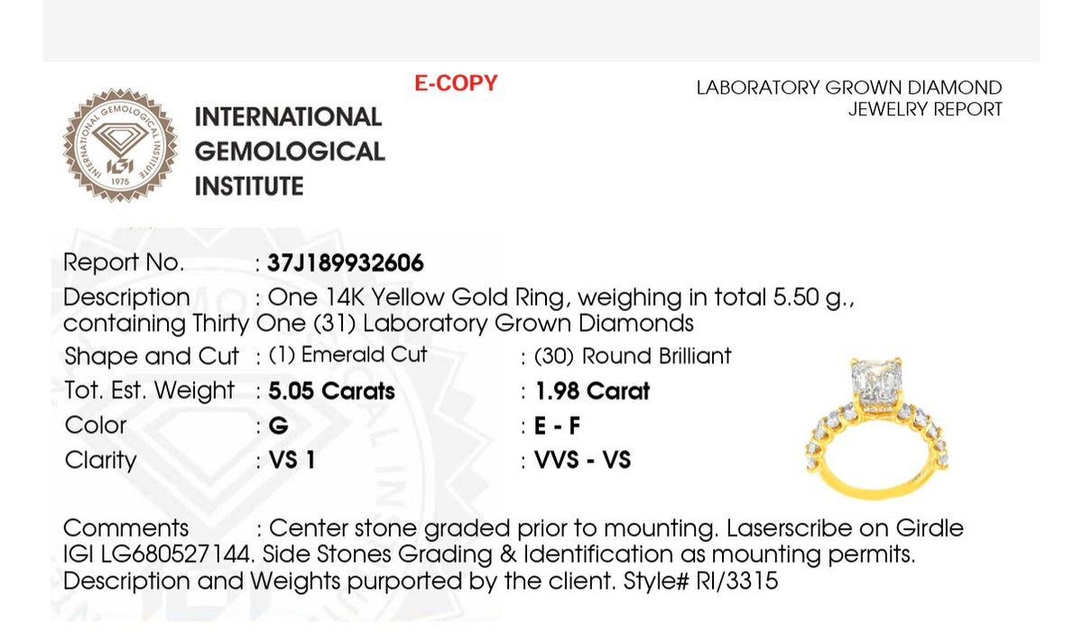 IGI certified emerald cut and oval and round lab diamond ring. Center stone is 5.05cts