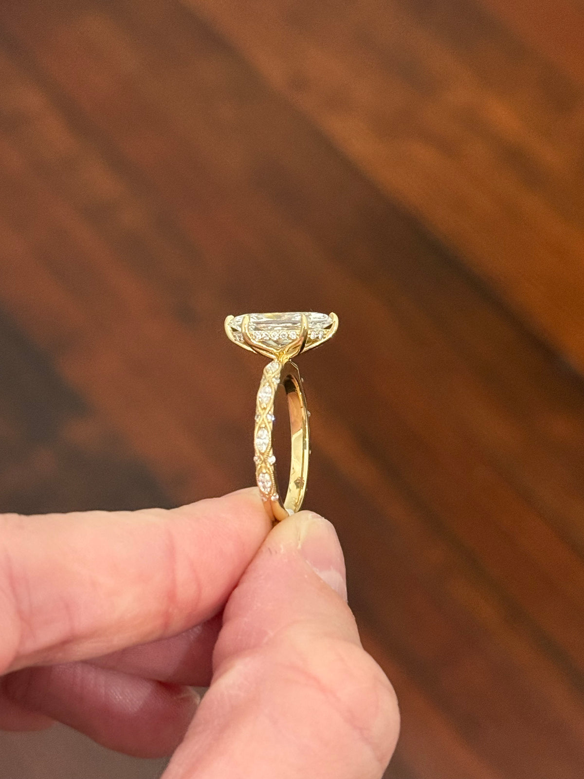 Yellow gold IGI certified 3.06ct duchess cut lab diamond and marquise and round lab diamond ring. Duchess cut measures 14.04x7.01x4.71mm