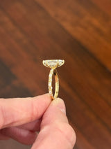 Yellow gold IGI certified 3.06ct duchess cut lab diamond and marquise and round lab diamond ring. Duchess cut measures 14.04x7.01x4.71mm