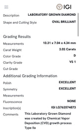 White gold IGI certified 2.02ct oval lab diamond and tapered baguette lab diamond ring. Oval measures 10.31x7.04x4.34mm