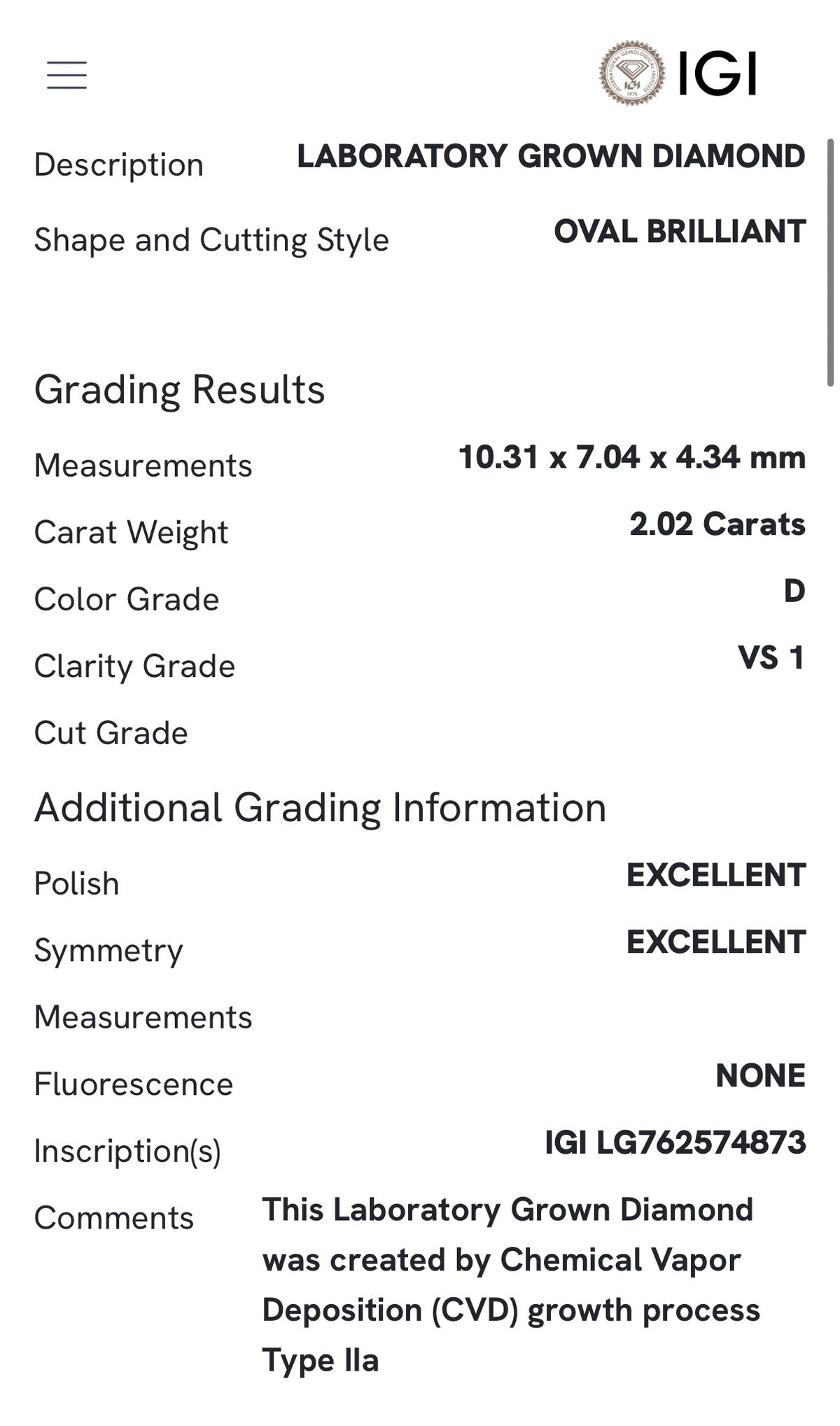 White gold IGI certified 2.02ct oval lab diamond and tapered baguette lab diamond ring. Oval measures 10.31x7.04x4.34mm