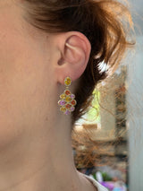 Yellow gold multi color oval sapphires and diamond dangle earrings