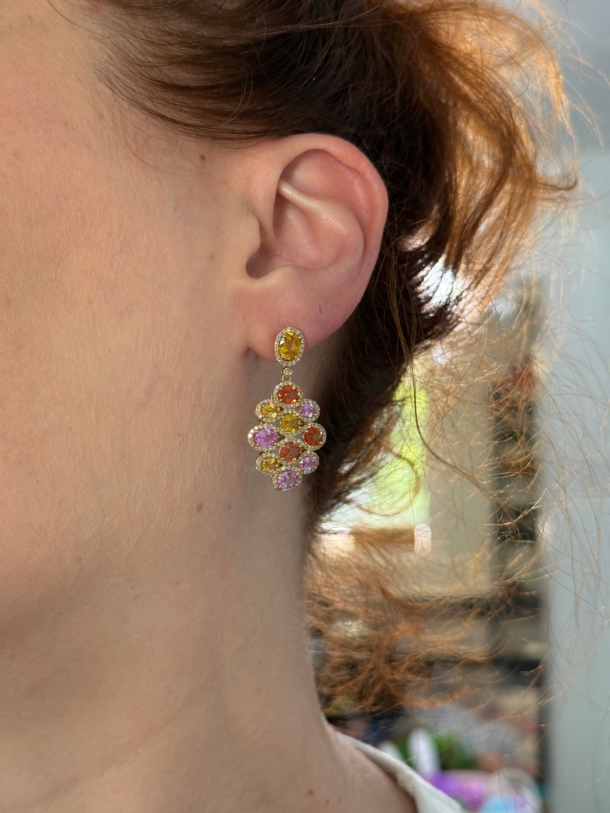 Yellow gold multi color oval sapphires and diamond dangle earrings