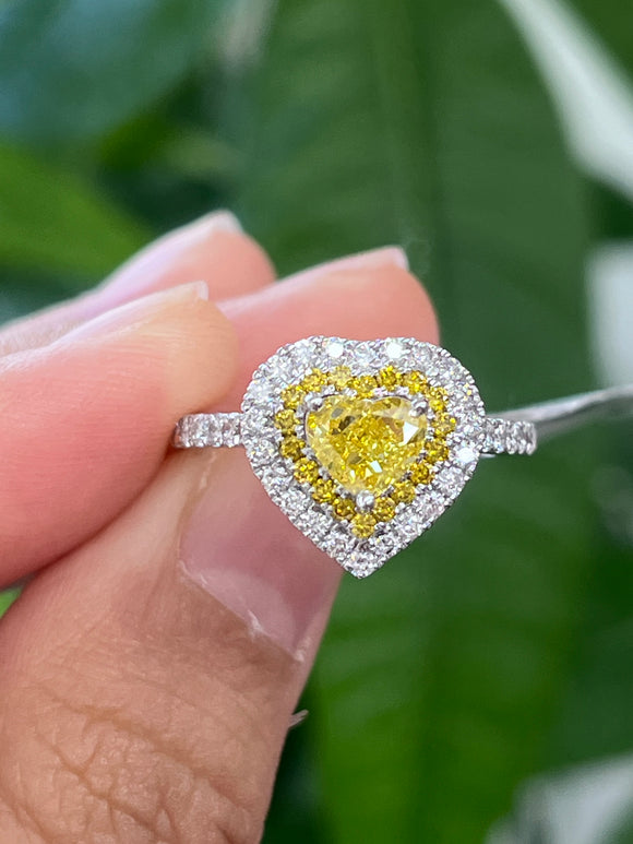 *Premade* 1.60 cttw Fancy Yellow Heart Double Halo Ring Lab with 3/4 Lab Diamonds Shank