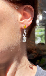 White and yellow gold oval yellow lab diamond and emerald cut and round white lab diamond dangle earrings