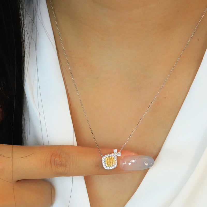 18K White Gold Real Natural Yellow Diamond Pendant Necklace for Women