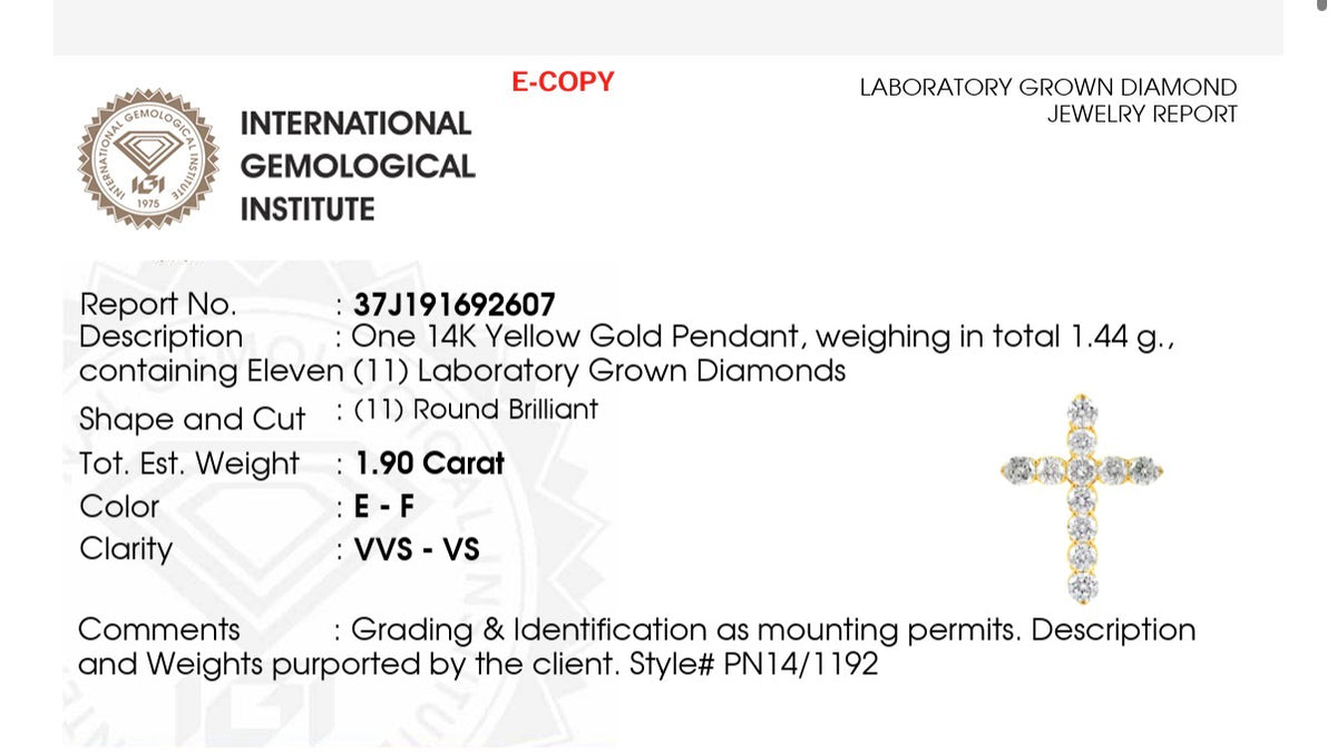 IGI certified yellow gold 1.9ct lab diamond cross pendant