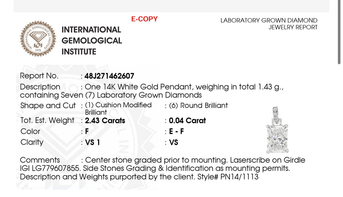 IGI certified cushion and round lab diamond pendant