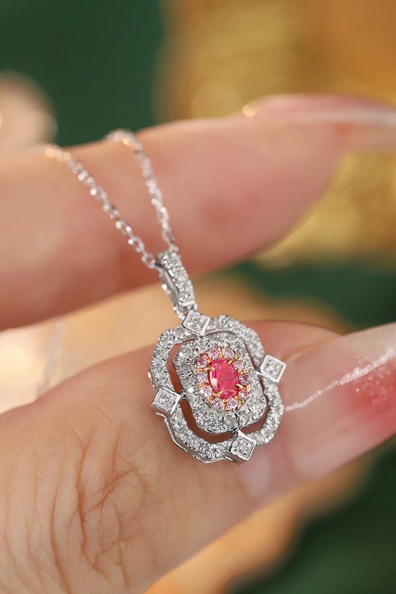 18K White Gold Real Natural Pink Diamond Pendant Necklace for Women