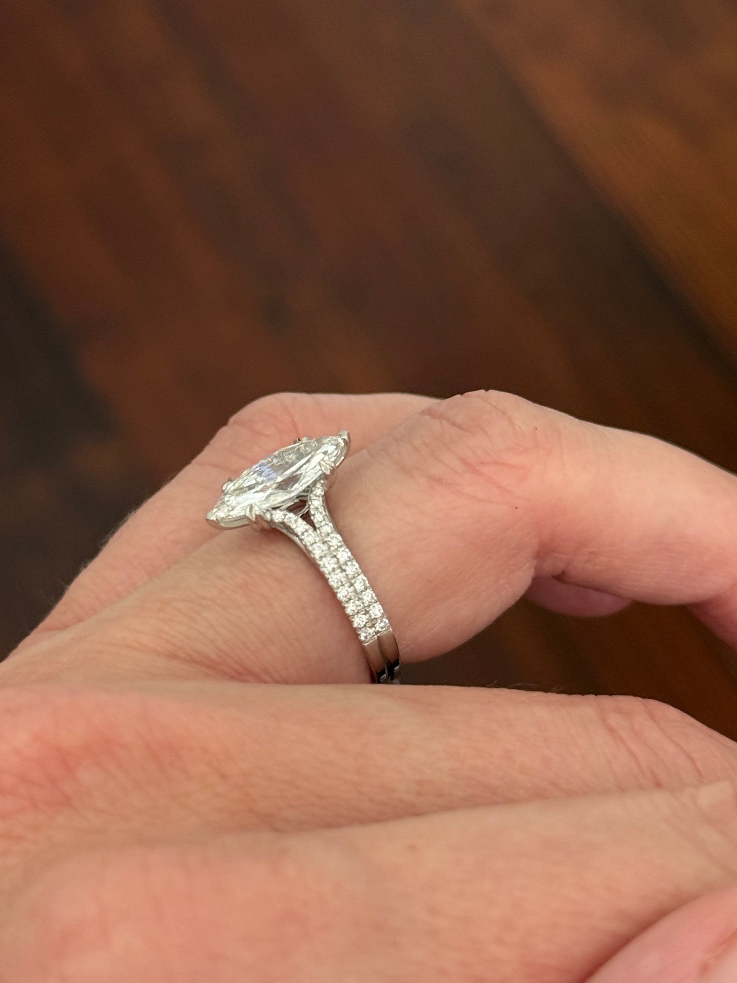 White gold marquise and round lab diamond ring