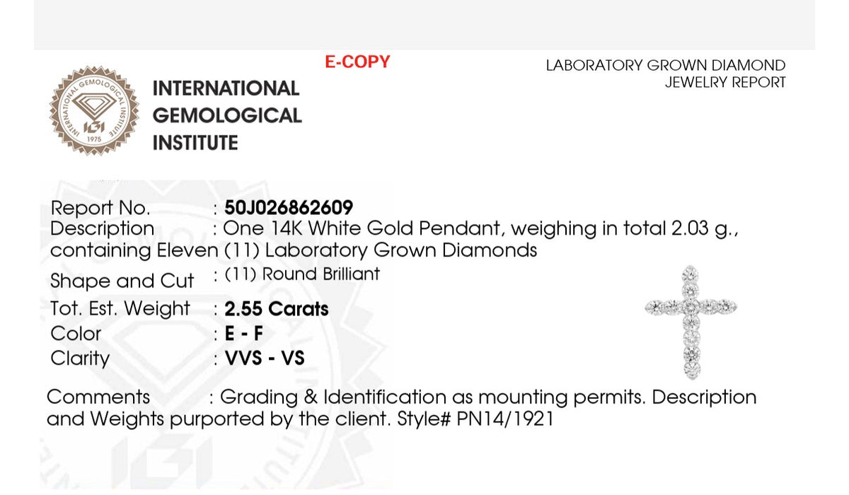 IGI certified white gold 2.55ct lab diamond cross pendant