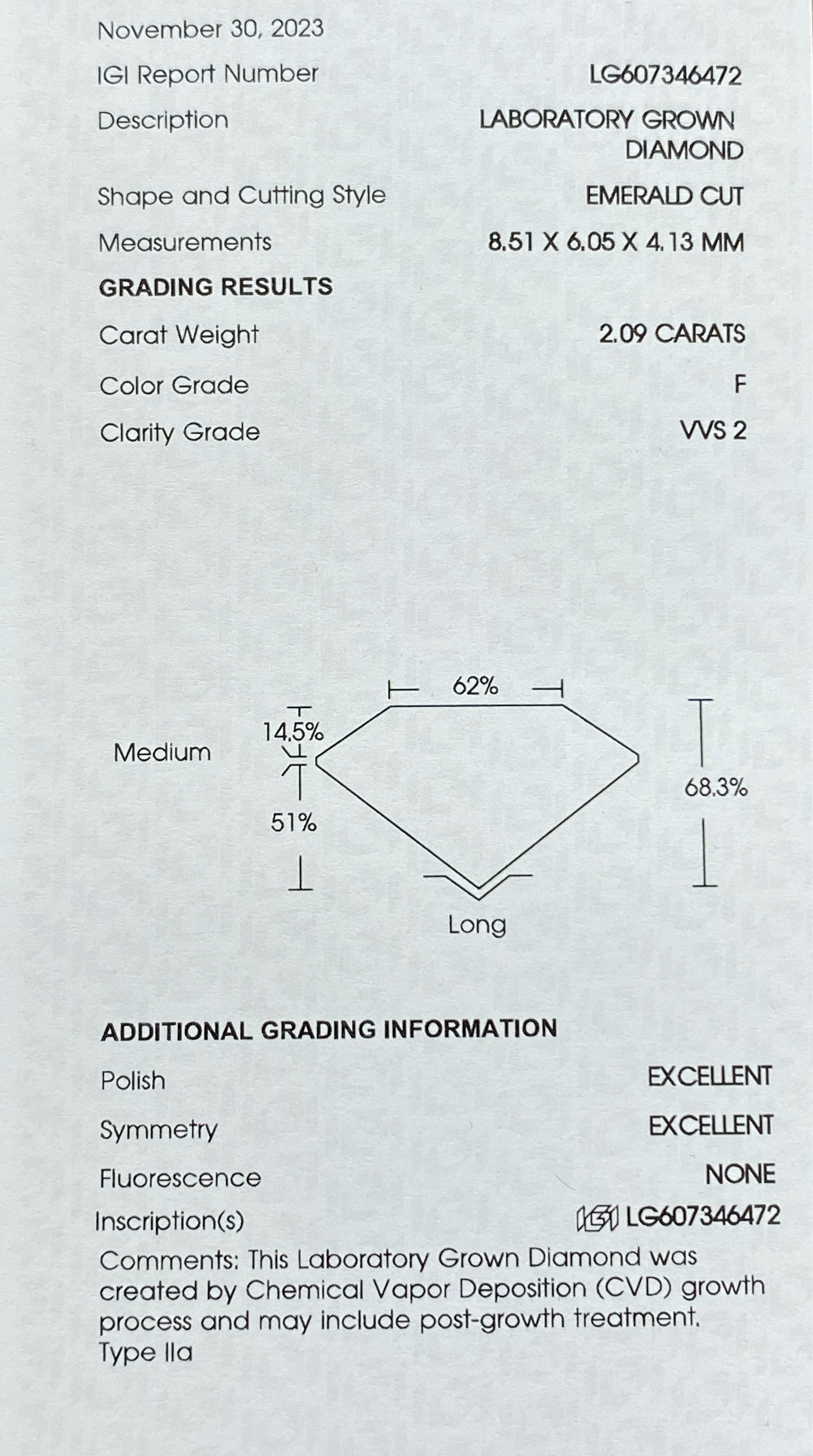 IGI 2.09 CT F VVS2 EMERALD CUT ENGAGEMENT RING