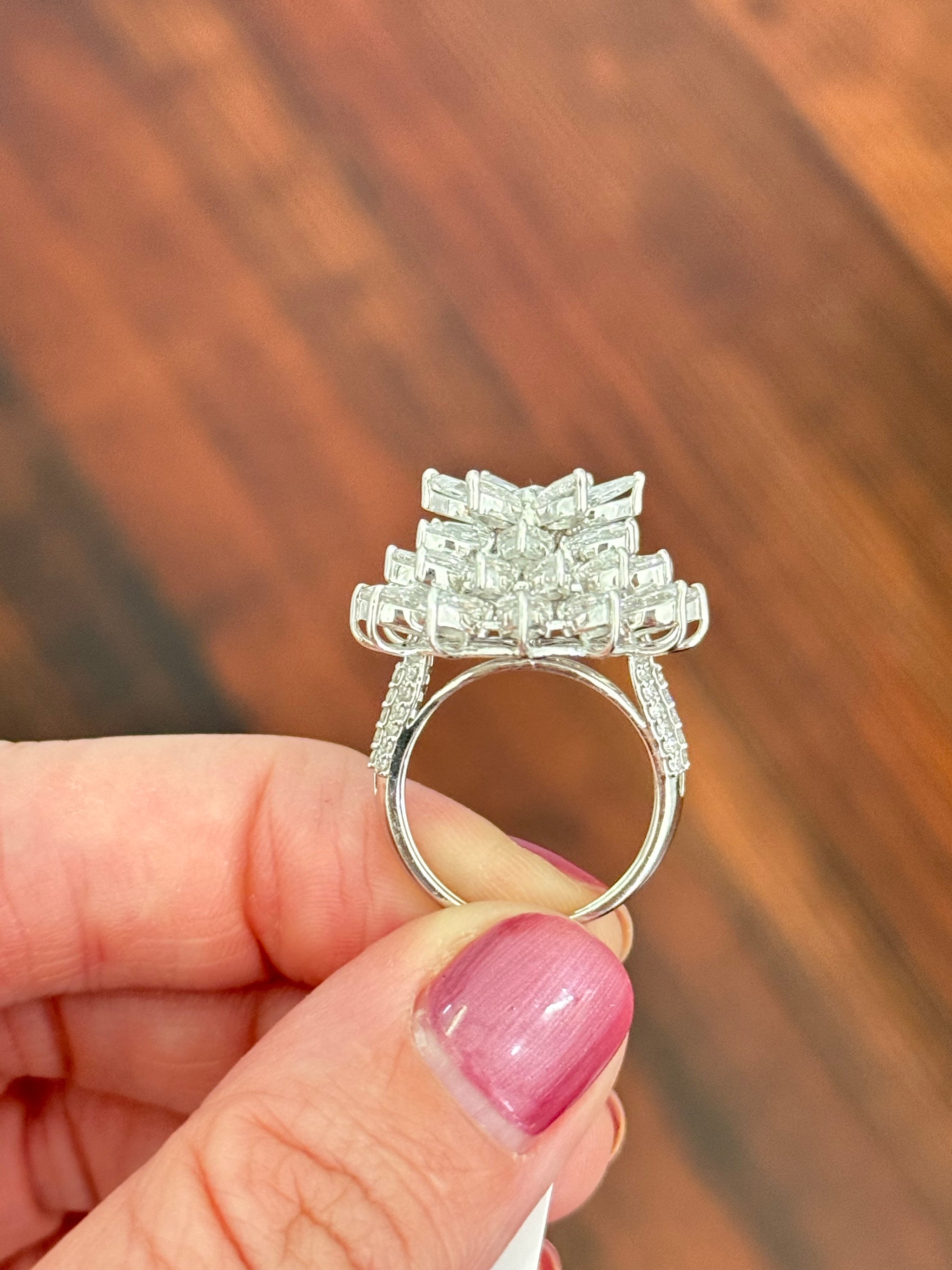 White gold flower ring with rose cut lab diamonds
