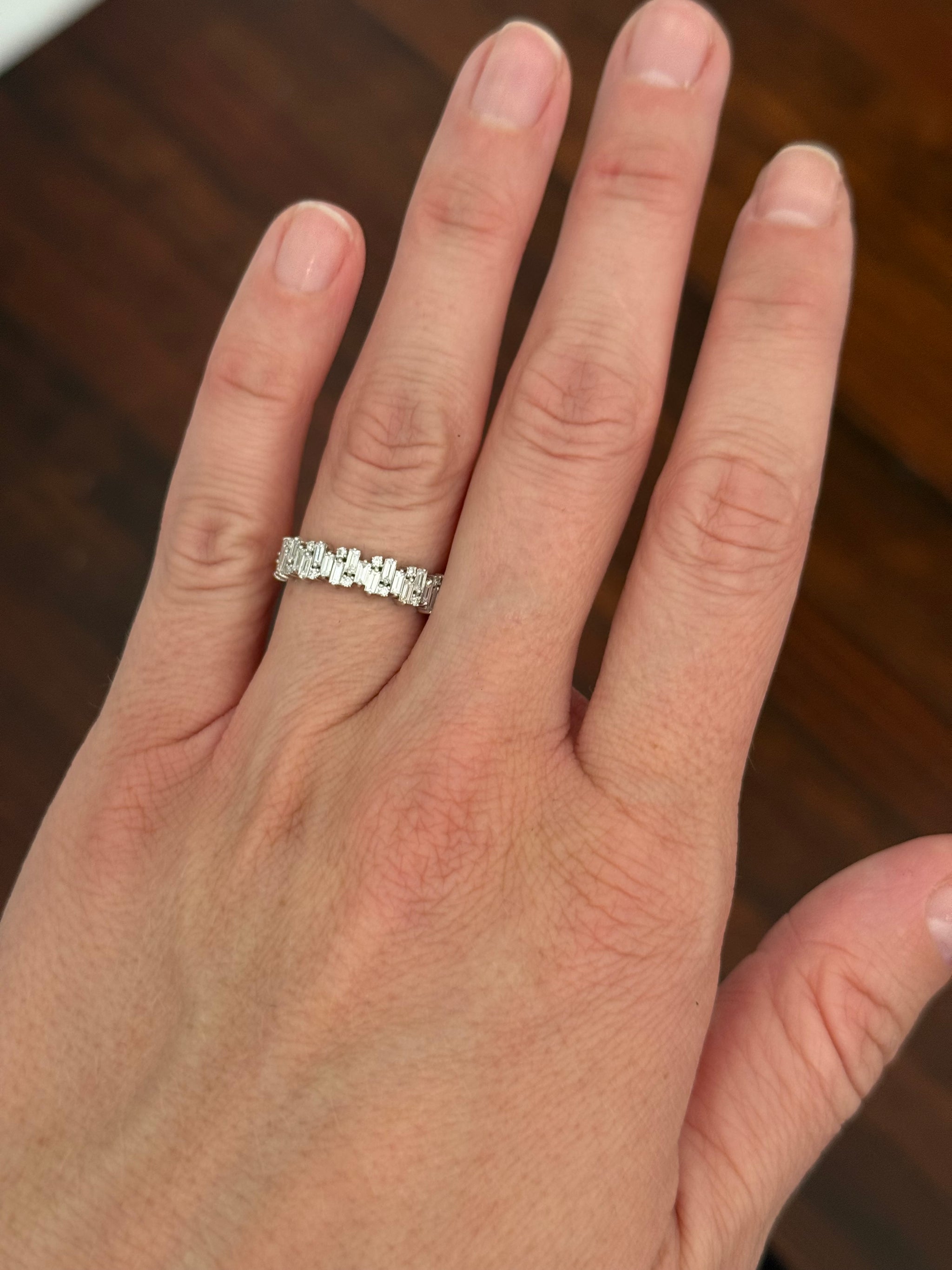 Yellow and white gold baguette and round lab diamond band