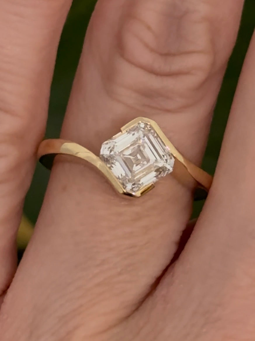 Yellow gold half bezel set IGI certified 2.07ct asscher lab diamond ring