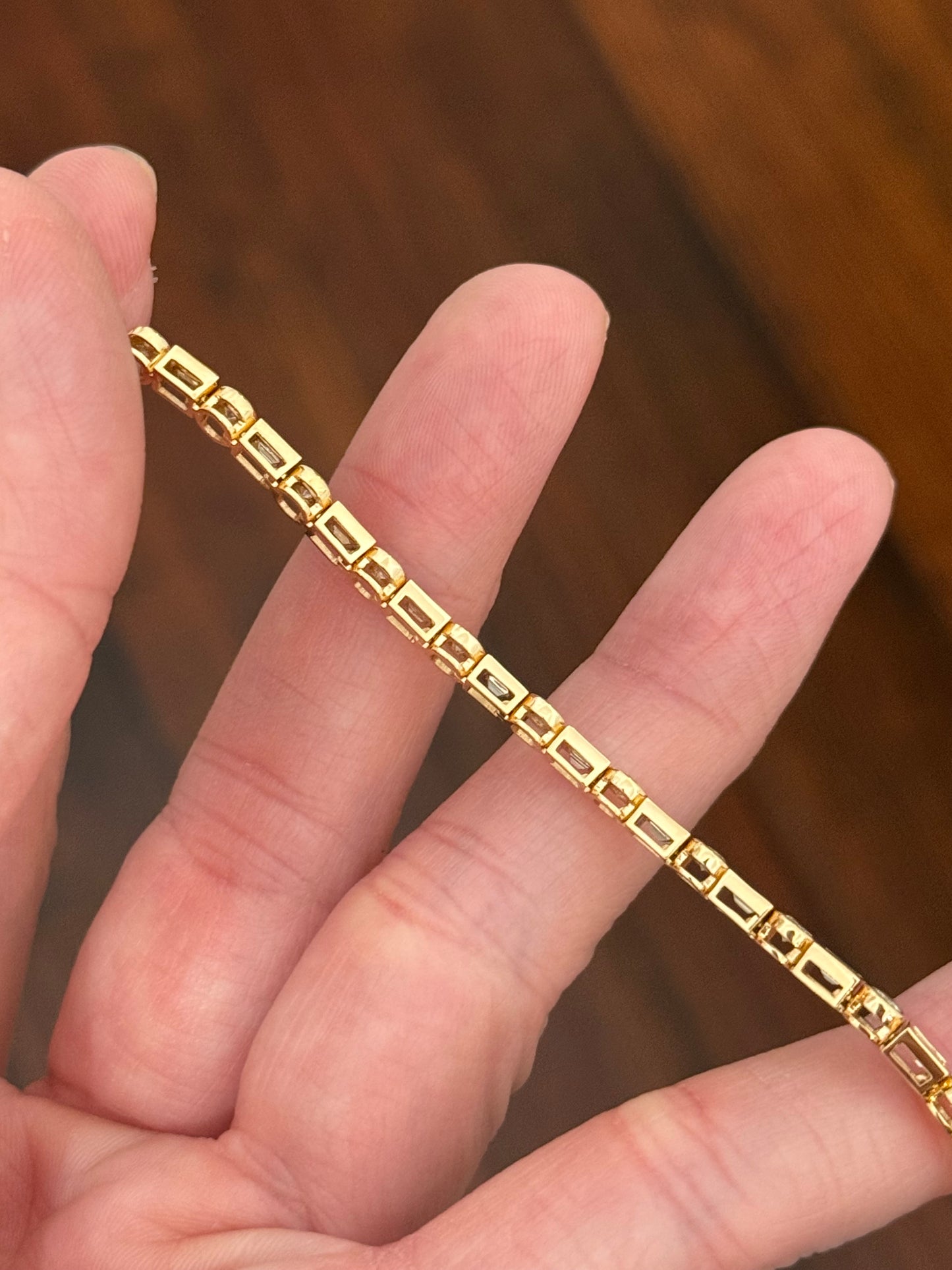 Yellow gold bezel set 3.81ct emerald cut and round natural diamond bracelet