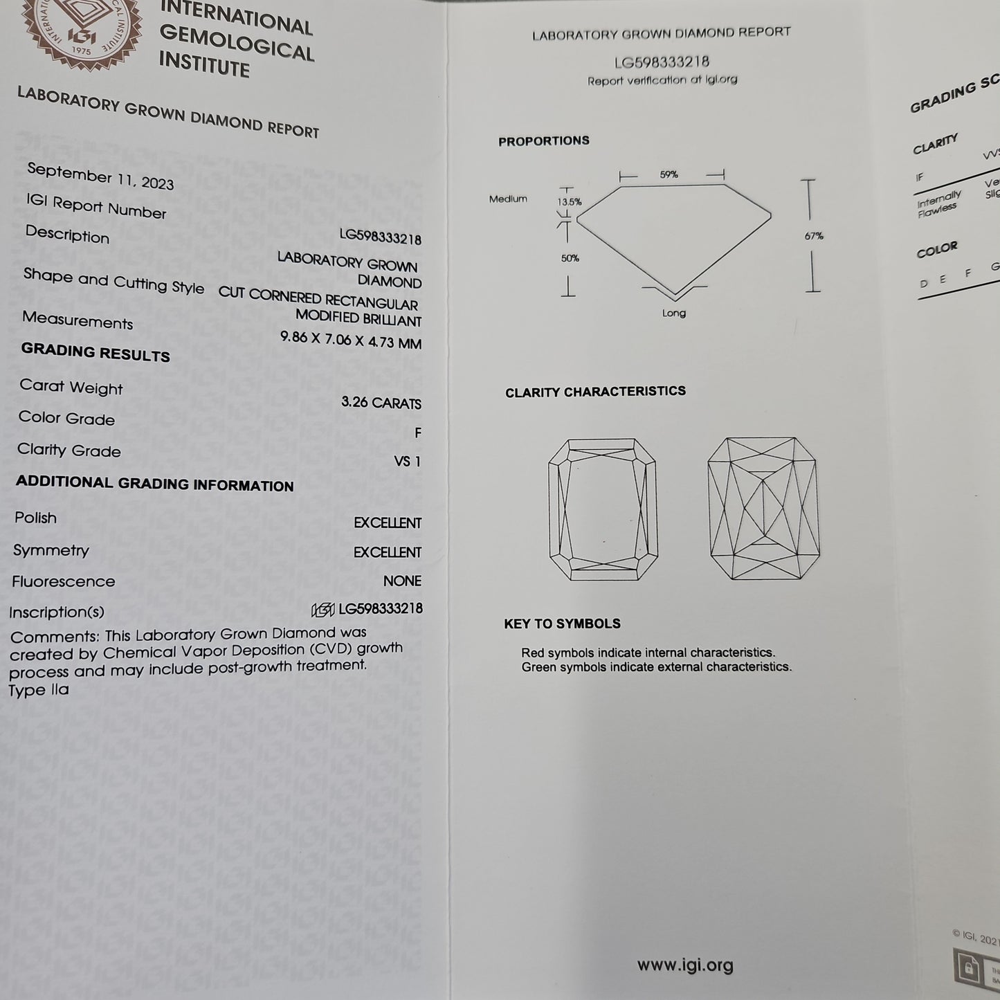 IGI 3.26 ct FVS1 Lab Scissor /Special Radiant Cut Platinum + natural side diamonds