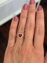 Yellow gold heart shape lab ruby and round lab diamond ring