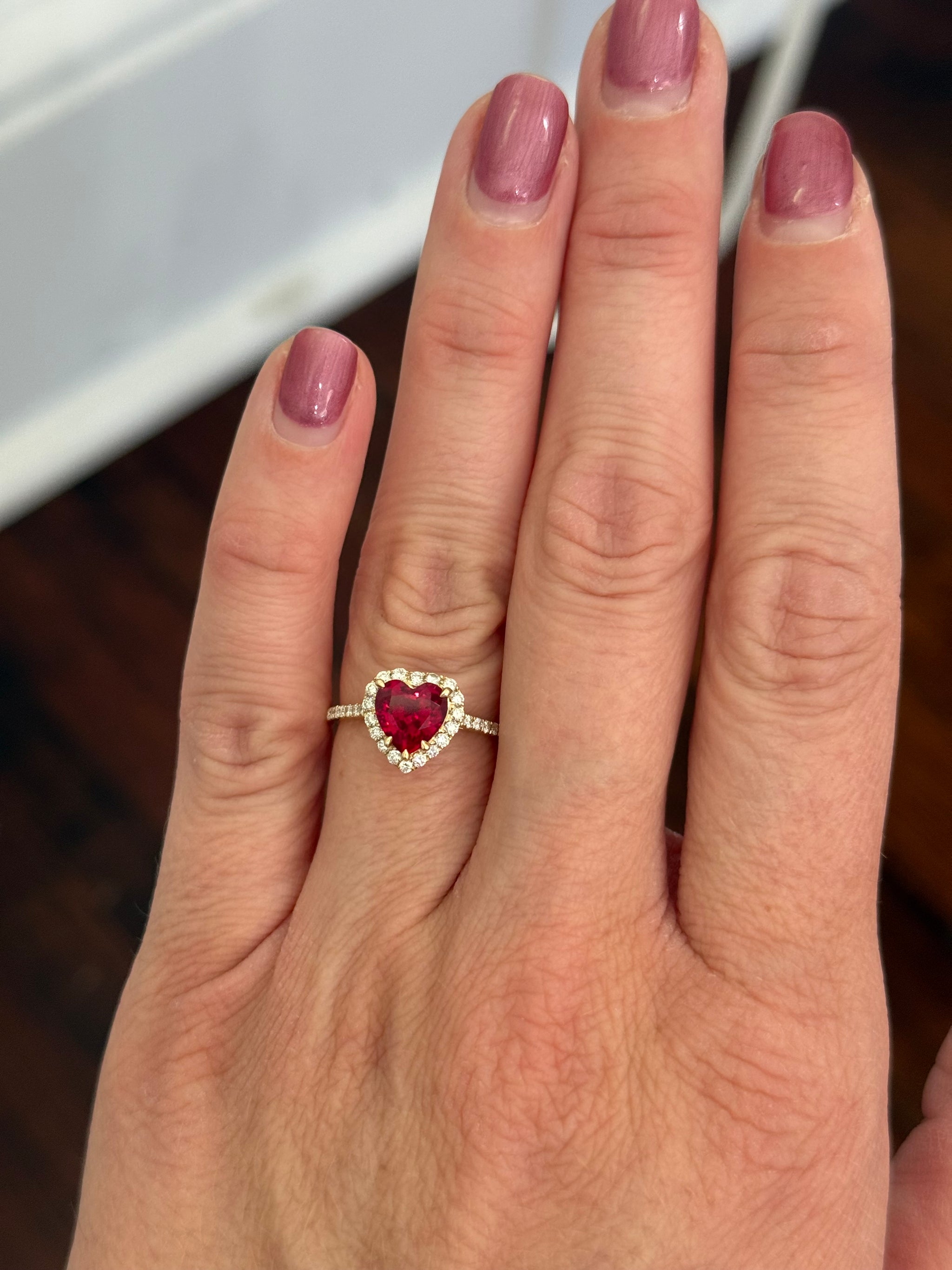 Yellow gold heart shape lab ruby and round lab diamond ring