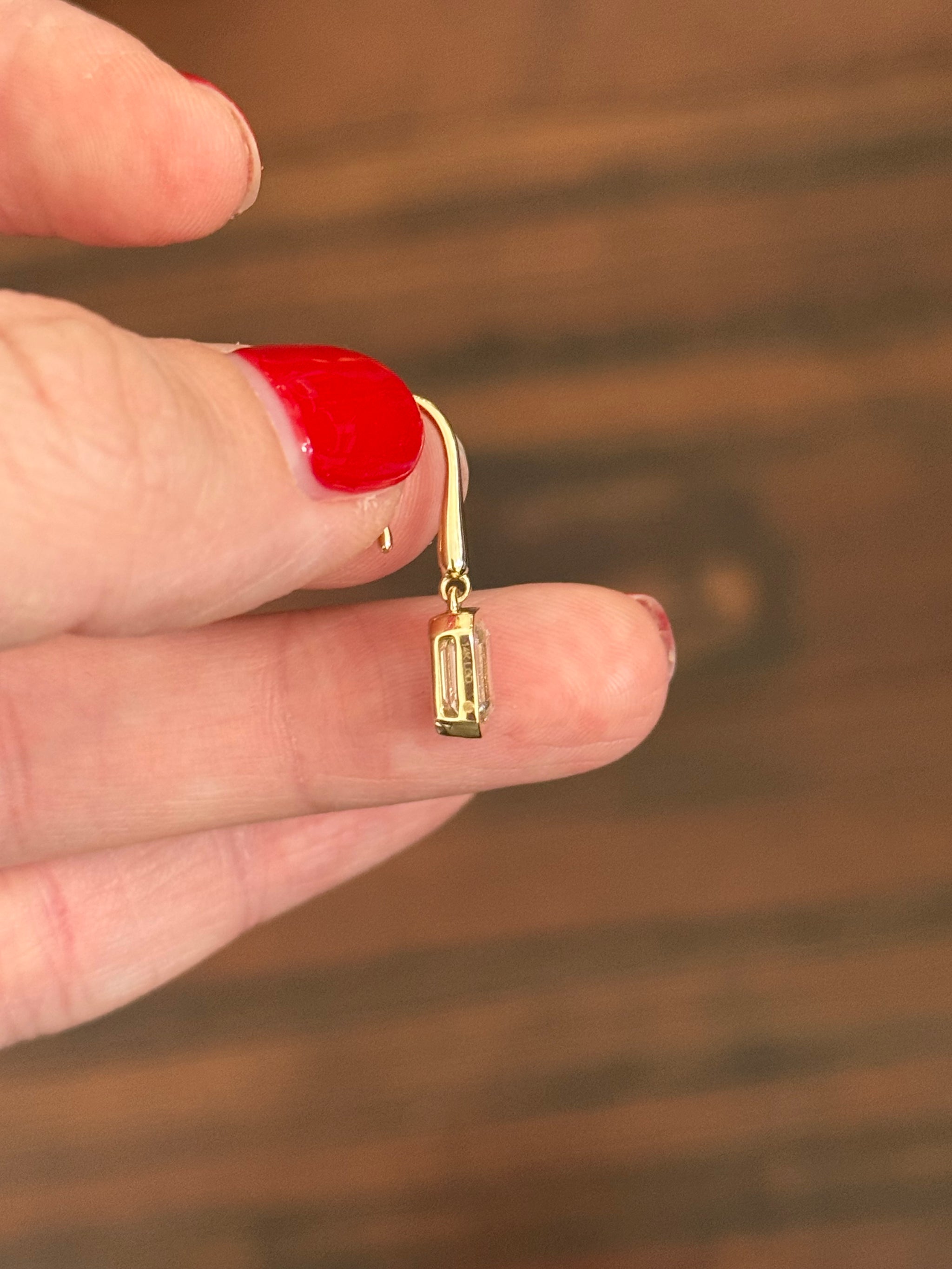 Yellow gold emerald cut lab diamond hook back earrings