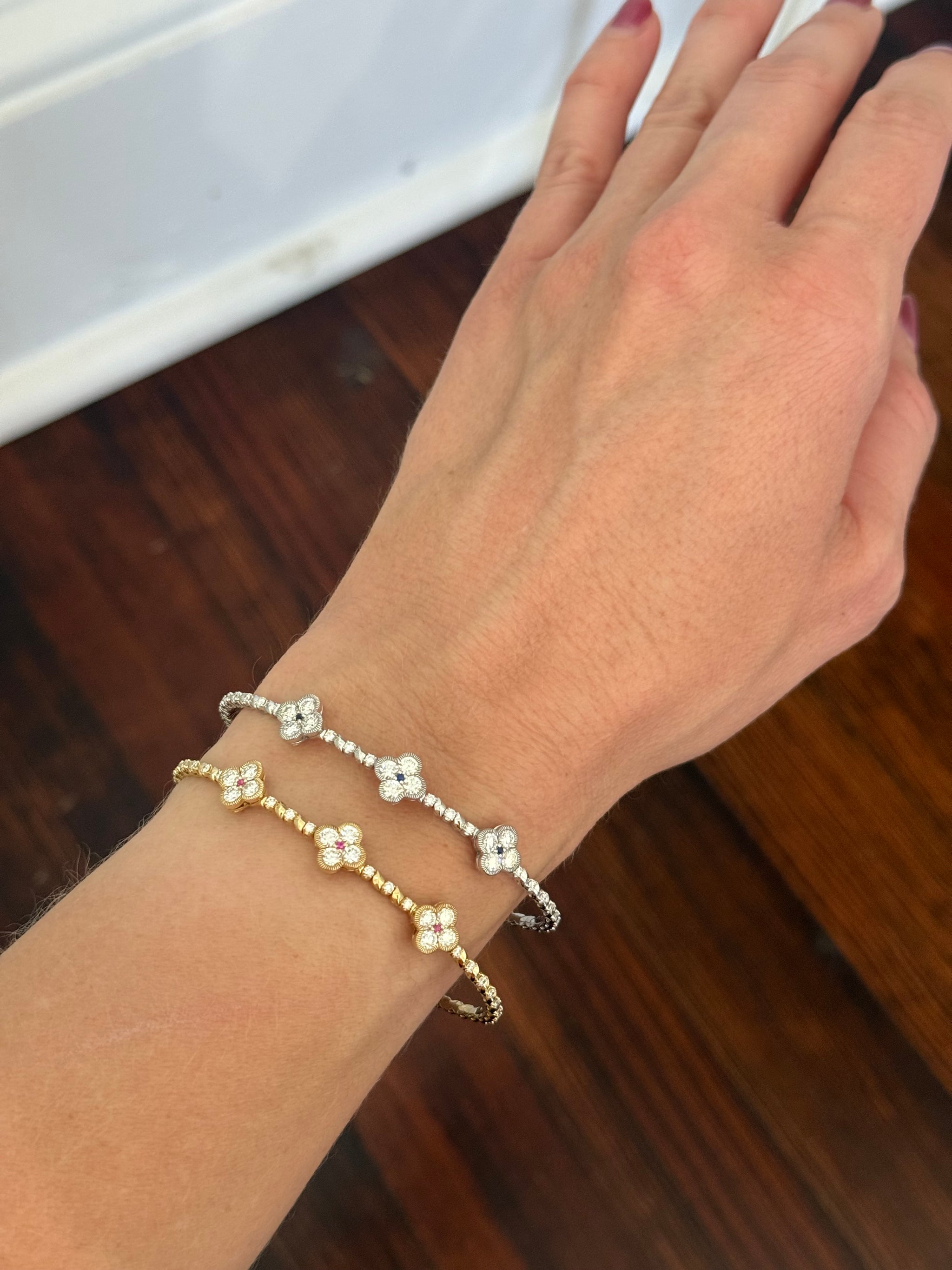 Lab diamond clover flex bracelets available in yellow and white gold