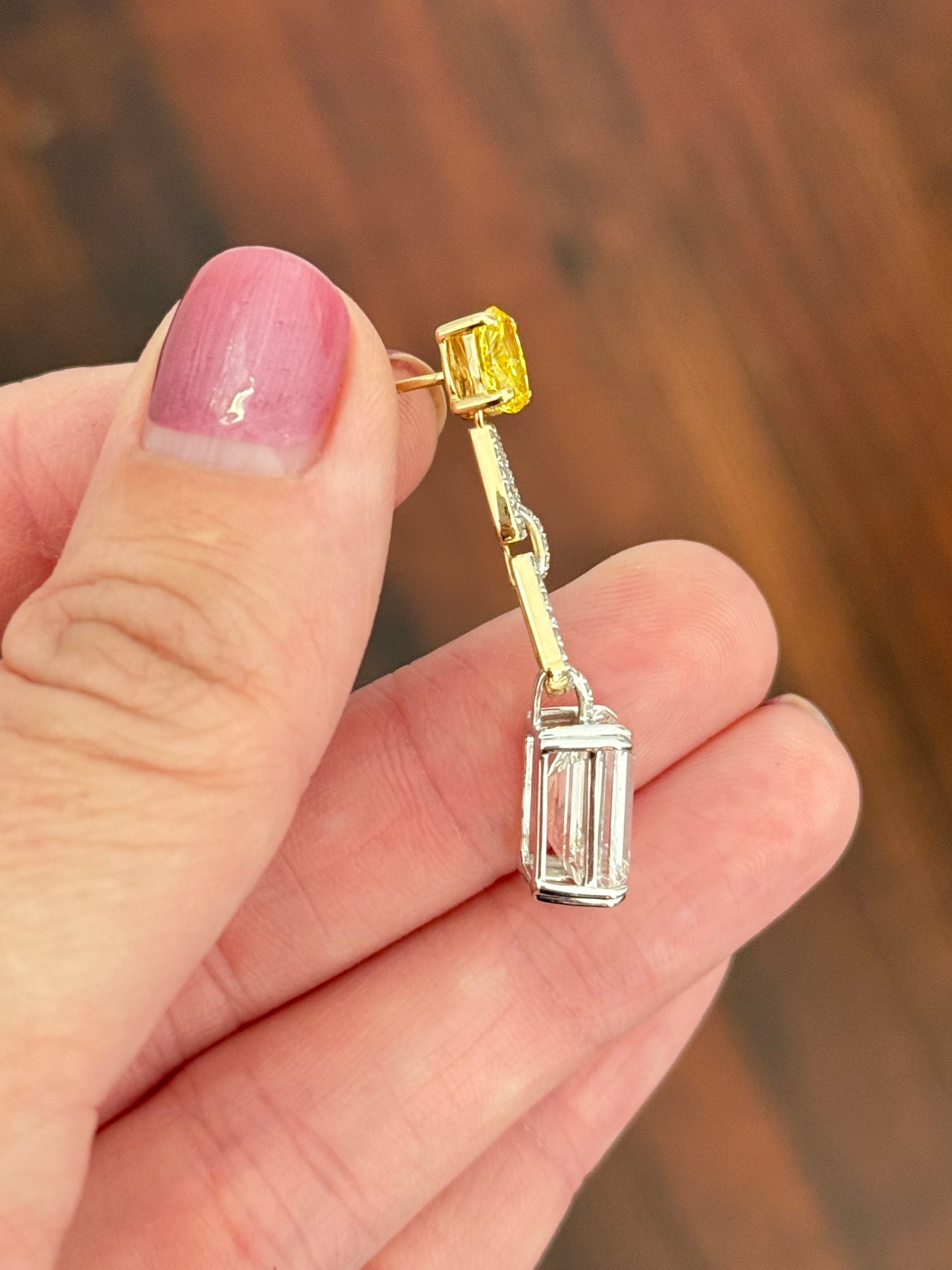 White and yellow gold oval yellow lab diamond and emerald cut and round white lab diamond dangle earrings