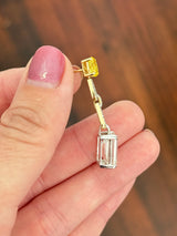 White and yellow gold oval yellow lab diamond and emerald cut and round white lab diamond dangle earrings