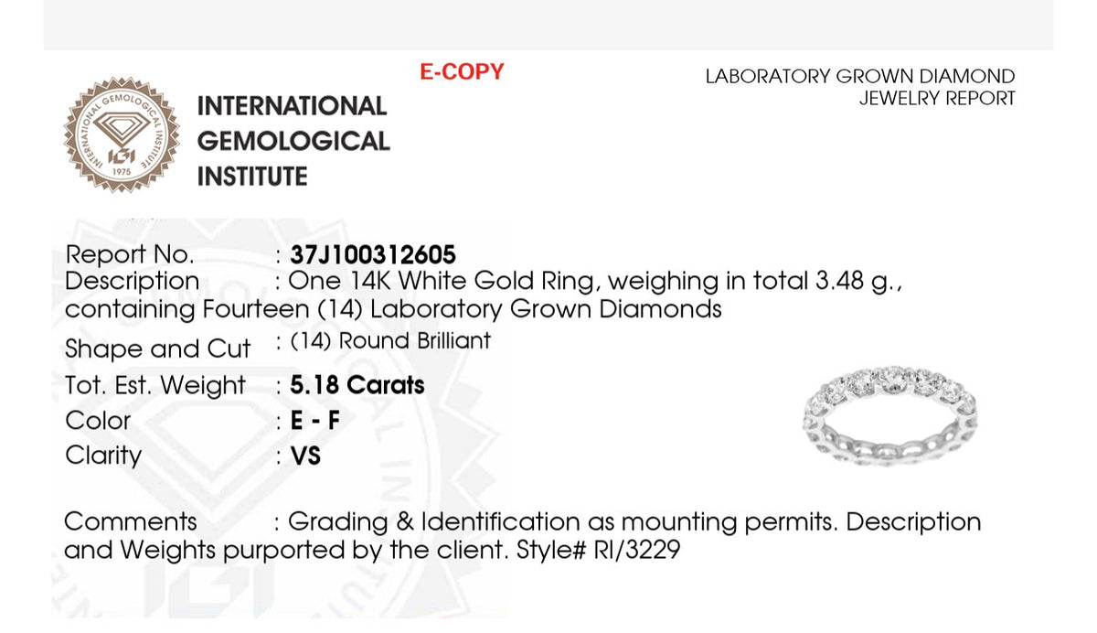 IGI certified size 6.25 white gold 5.18ct lab diamond eternity band