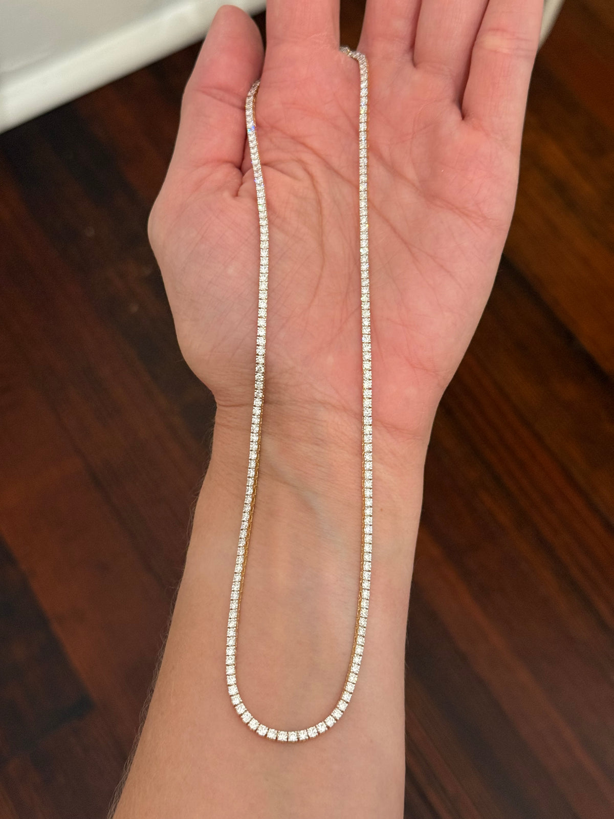 16.9” 4 prong yellow gold with white gold prongs 7.4ct lab diamond tennis necklace