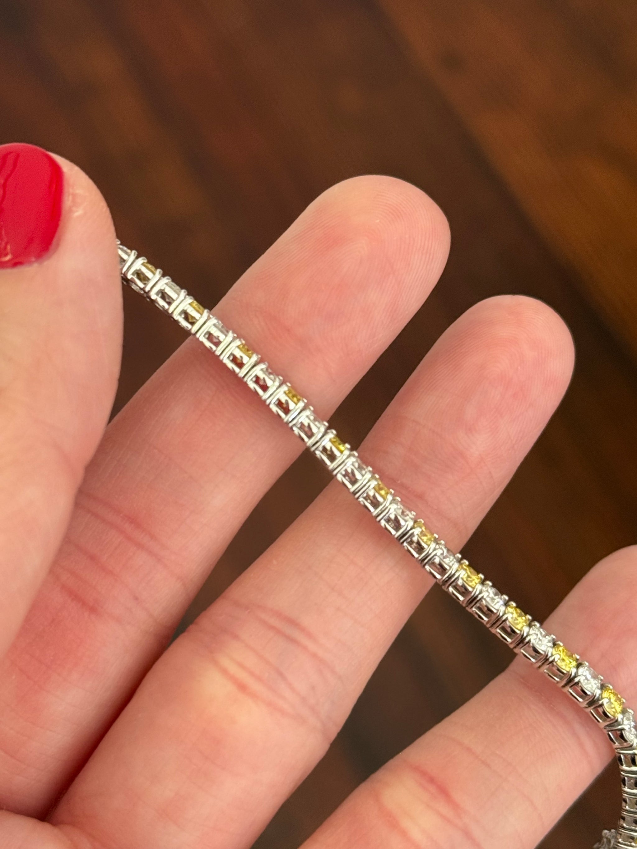 4 prong white gold 5.05ct yellow and white lab diamond tennis bracelet