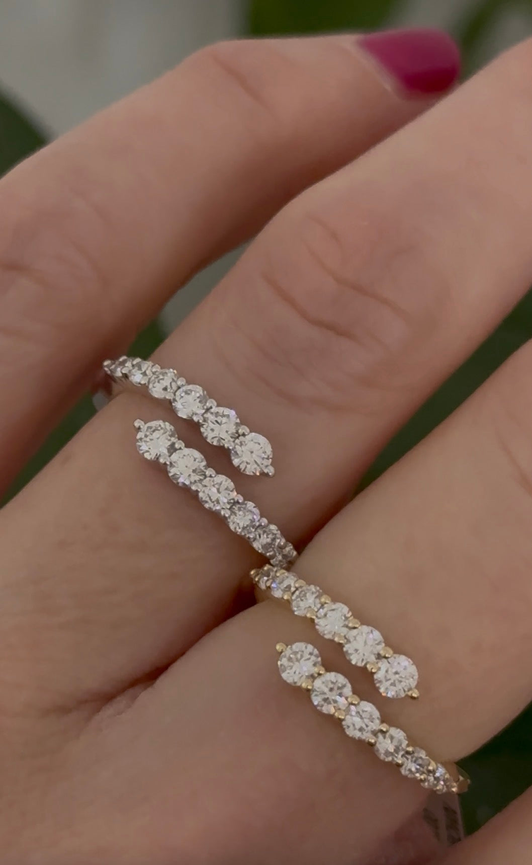 Lab diamond bypass rings available in white and yellow gold