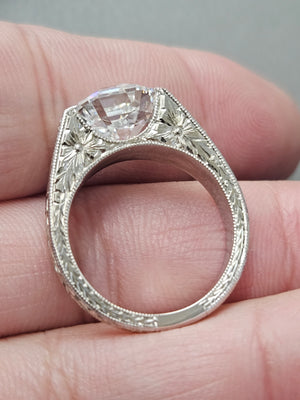 Men's Diamond Ring 5.06 ct Antique Cut Lab Asscher Hand Engraved