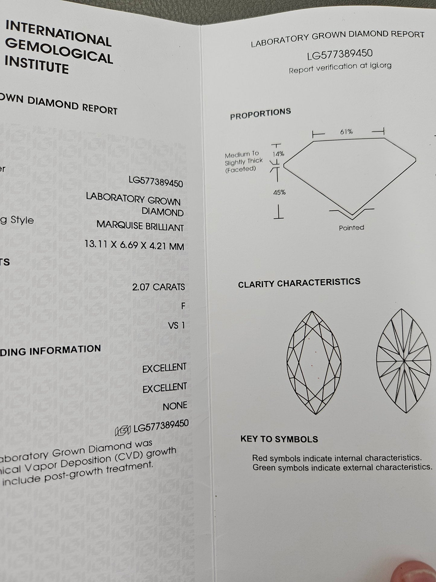 IGI 2.07 FVS1 Marquise Lab Ring
