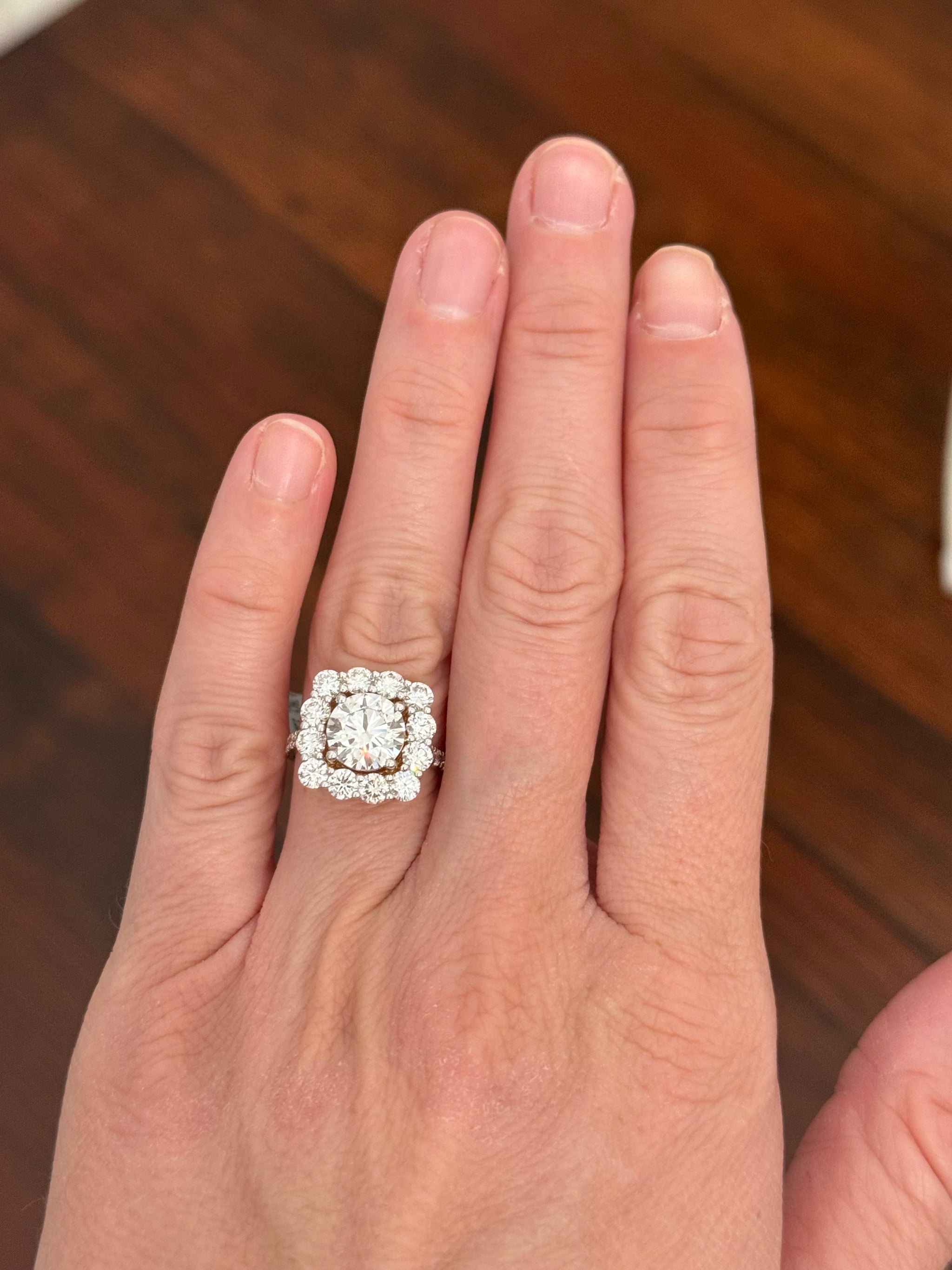 Yellow gold 4.7ct lab diamond ring. Prongs are white gold.