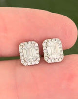 White gold 1.21ct emerald cut and halo lab diamond stud earrings with screw back