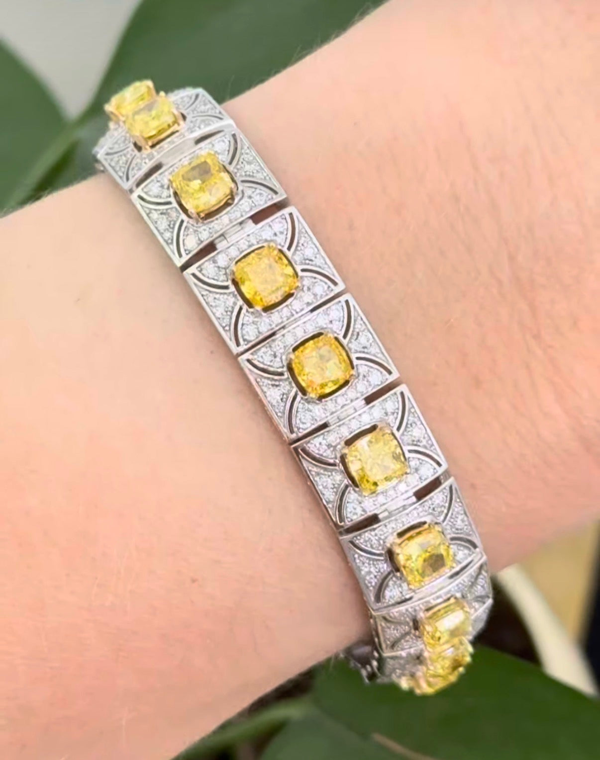 White gold 17.1ct cushion yellow lab diamond and round white lab diamond bracelet