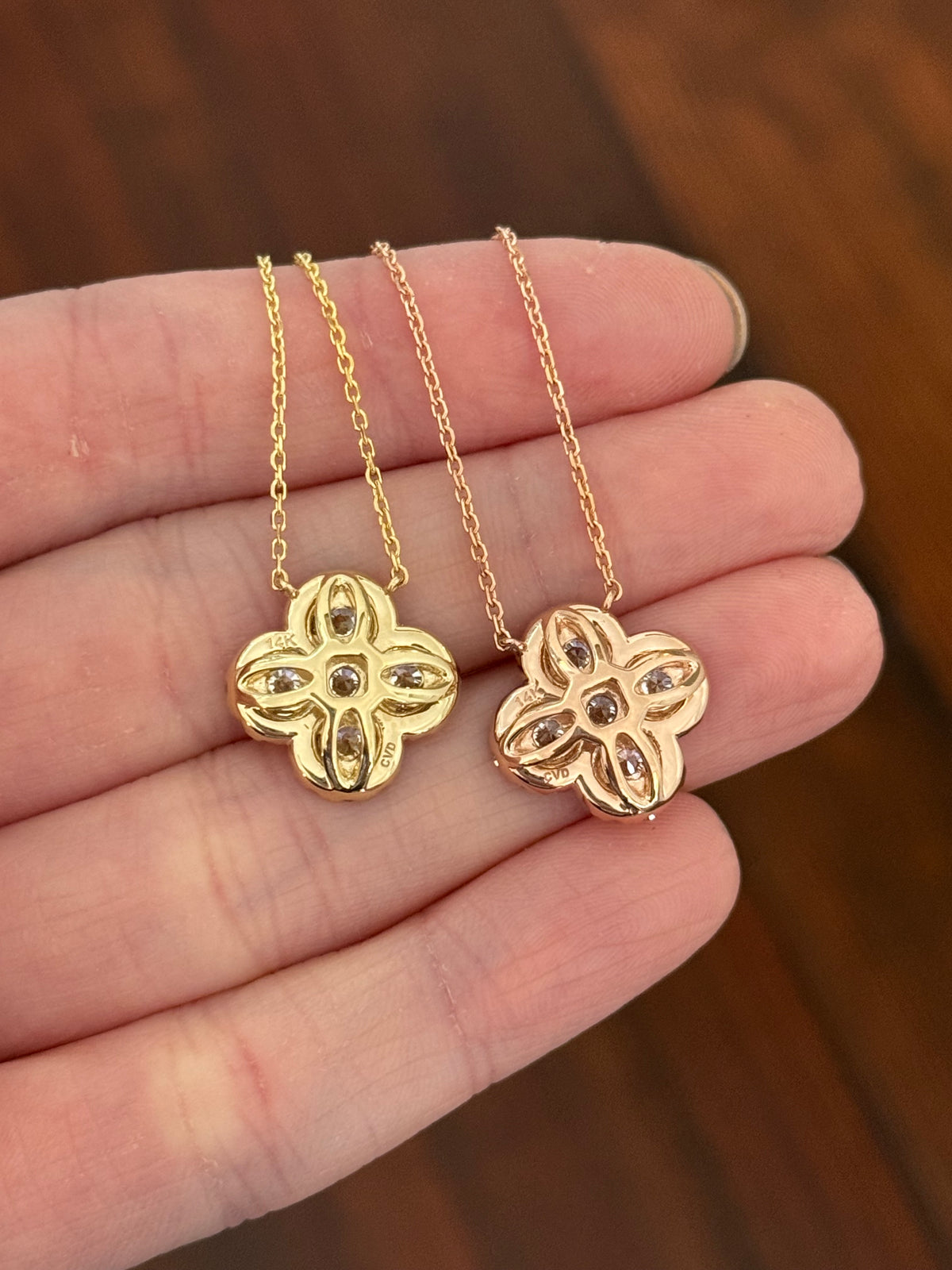 1.82ct lab diamond clover necklaces available in yellow and rose gold