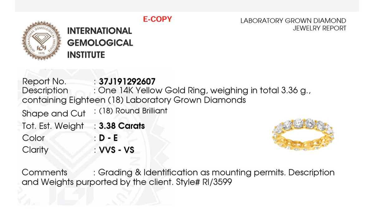 IGI certified yellow gold 3.38ct lab diamond eternity bands