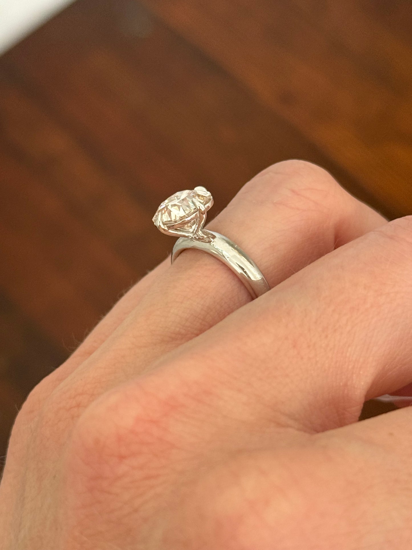 White gold 3.02ct cushion cut lab diamond ring. Stone measures approximately 8.2mm