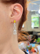 White and yellow gold oval yellow lab diamond and emerald cut and round white lab diamond dangle earrings
